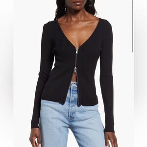 Black Ribbed Zip-Up Sweater open edit Nordstrom xs
